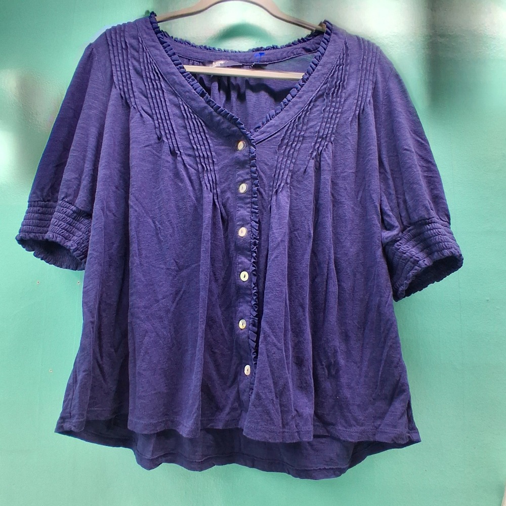 Lands' End Blouse L Indigo Blue Pintuck Ruffle Button Front Cotton Modal Boho